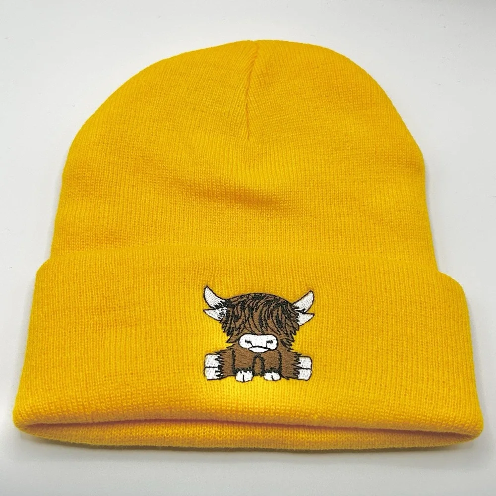 Highland Cow Cattle Cartoon Animal Beanie Hat Cap Knit Cuff Yellow Outdoors